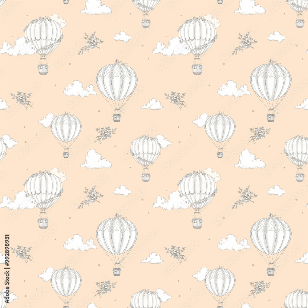 Beautiful seamless pattern with hand drawn air balloons and clouds. Stock illustration. Ready print design. Beautiful seamless pattern with hand drawn air balloons and clouds. Stock illustration. Ready print design.