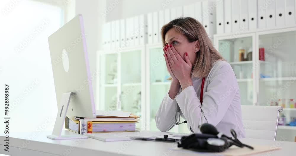 Female doctor shocked by results of patient test on computer monitor. Concept of surprise and shock state of specialist at workplace in hospital office slow motion