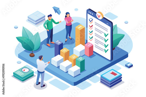 A team collaborates on a project checklist while analyzing performance data and task completion, Customizable isometric illustration of team checklist.