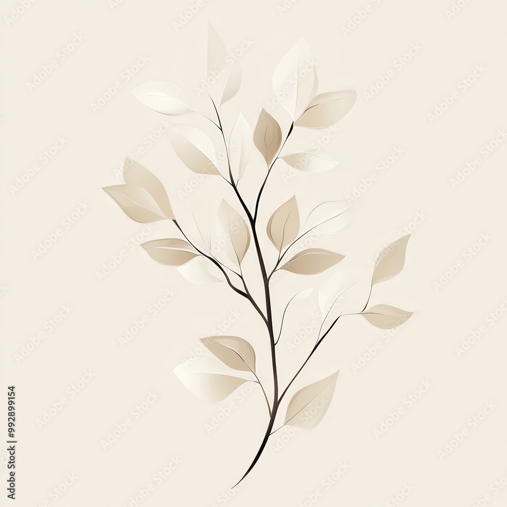 Delicate abstract illustration of a branch with soft, neutral-colored leaves on a light background, perfect for minimalistic designs. Delicate abstract illustration of a branch with soft, neutral-colored leaves on a light background, perfect for minimalistic designs.