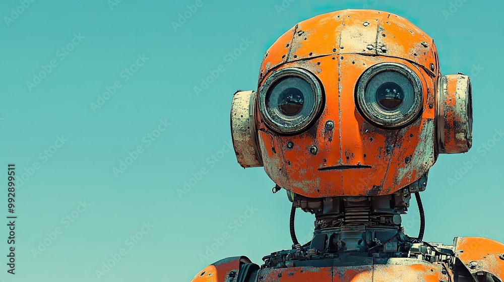 A toy steampunk mechanical robot, designed in a friendly style with orange and beige tones, offers a retro-futuristic technology poster template with space for text. A toy steampunk mechanical robot, designed in a friendly style with orange and beige tones, offers a retro-futuristic technology poster template with space for text.