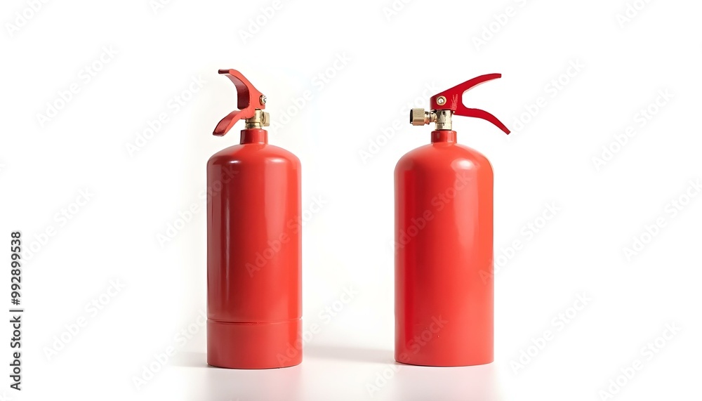 Two red gas tank fire extinguisher canisters isolated on a white background Two red gas tank fire extinguisher canisters isolated on a white background