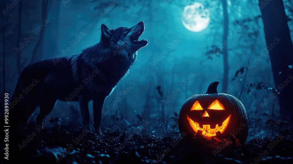 Wolf howling near a glowing pumpkin in a misty forest, with moonlight casting eerie shadows, perfect for Halloween. No people, no logos. Wolf howling near a glowing pumpkin in a misty forest, with moonlight casting eerie shadows, perfect for Halloween. No people, no logos.