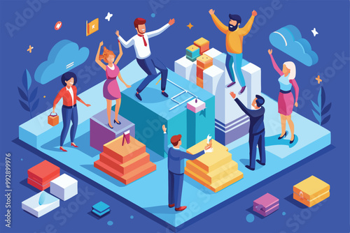 A group of professionals joyfully celebrates success together in a colorful, collaborative environment, Customizable isometric illustration of teamwork high five.
