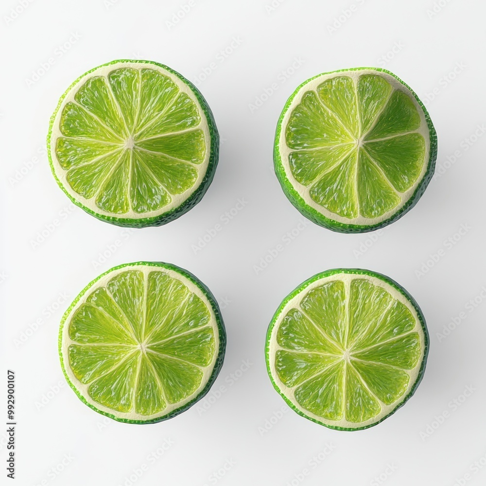 Four halved limes arranged symmetrically on a white background. Four halved limes arranged symmetrically on a white background.