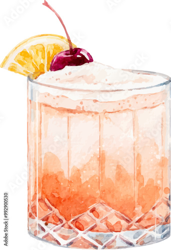 Watercolor vector whisky sour illustration. Alcohol long drink clipart. Glass of cocktail. Club shake beverage hand drawn illustration. Stock print.
