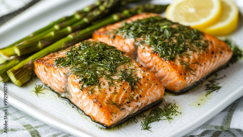 Grilled salmon fillets garnished with fresh dill and served with asparagus and lemon slices create delicious and healthy meal. vibrant colors and textures evoke sense of freshness and culinary