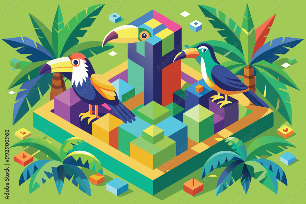 Fototapeta premium Tropical birds perch among colorful blocks in a lush jungle, showcasing a playful, artistic environment, Customizable isometric illustration of tropical birds