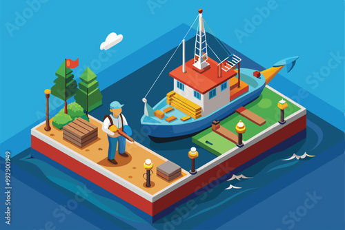 A vibrant isometric illustration depicts a trawl fishing scene by the waterfront with a boat and dock, Customizable isometric illustration of trawl fishing.