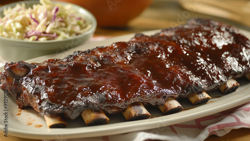 Delicious grilled pork ribs coated in smoky barbecue sauce served with side of coleslaw, perfect for hearty meal. Enjoy rich flavors and tender texture!