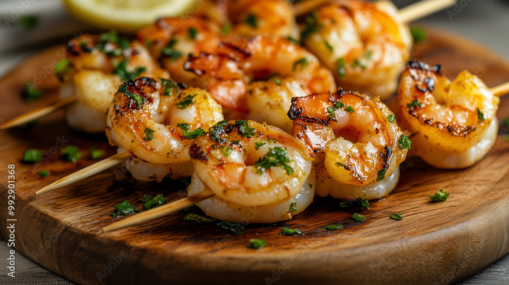 Juicy grilled shrimp skewers are beautifully arranged on wooden platter, garnished with fresh herbs. vibrant colors and appetizing presentation evoke sense of deliciousness and warmth Juicy grilled shrimp skewers are beautifully arranged on wooden platter, garnished with fresh herbs. vibrant colors and appetizing presentation evoke sense of deliciousness and warmth