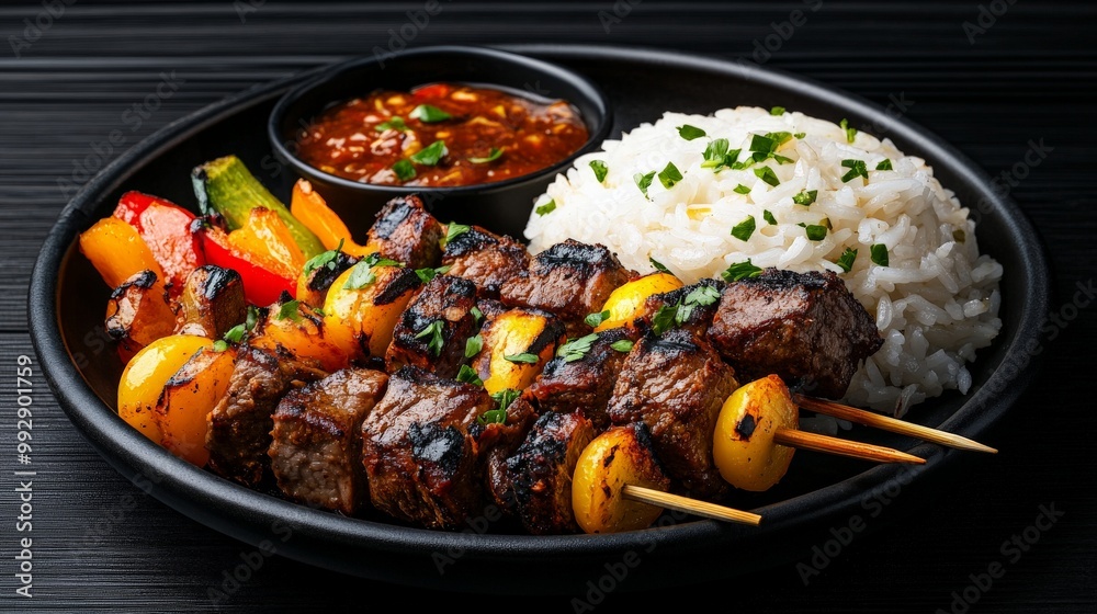 Delicious Beef Skewers with Rice and Salsa: A mouthwatering close-up shot of grilled beef skewers, vibrant bell peppers, fluffy white rice, and a zesty salsa. Perfect for restaurant menus, food blogs. Delicious Beef Skewers with Rice and Salsa: A mouthwatering close-up shot of grilled beef skewers, vibrant bell peppers, fluffy white rice, and a zesty salsa. Perfect for restaurant menus, food blogs.