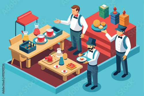 Waiters attend to customers, serving food and drinks in a vibrant restaurant environment, Customizable isometric illustration of waiters.