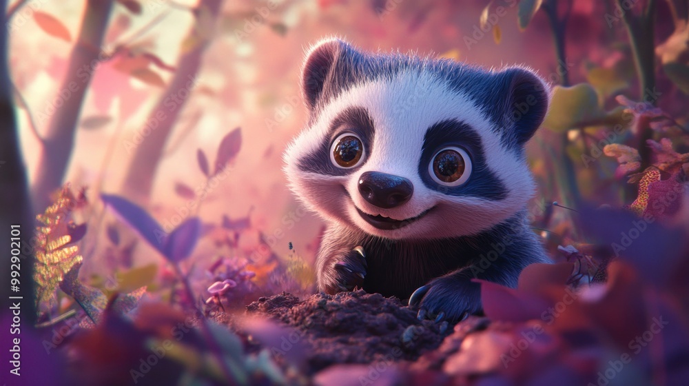 A cute panda cub smiling amidst colorful foliage in a whimsical forest setting. A cute panda cub smiling amidst colorful foliage in a whimsical forest setting.