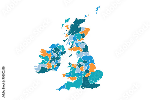 Map of England with Districts by State. colorful style.