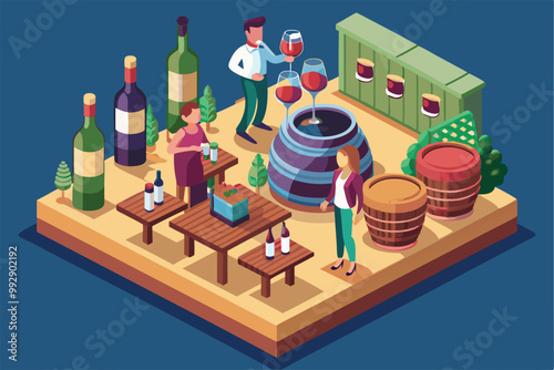 People are gathered around a wine barrel enjoying drinks and conversing in a vineyard atmosphere, Customizable isometric illustration of wine drinking.