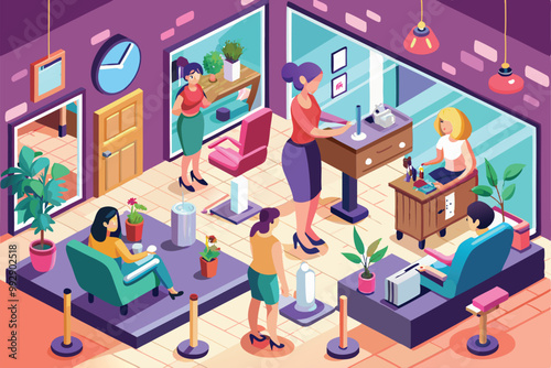 A lively salon accommodates women engaging in beauty treatments and consultations in daylight, Customizable isometric illustration of women in a hair salon.