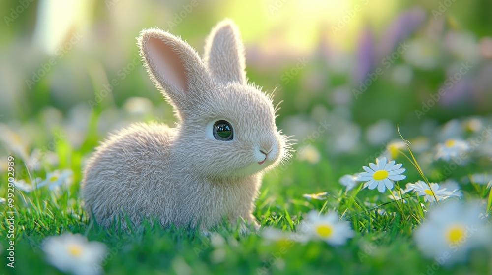 Fototapeta premium A cute, fluffy rabbit sitting among daisies in a sunlit grassy field.