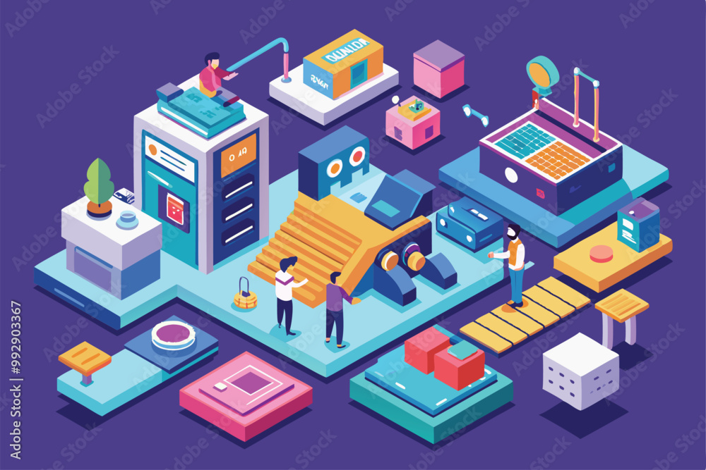 A dynamic workshop setting shows individuals engaged in customizing and prototyping various projects, Customizable isometric illustration prototyping process. A dynamic workshop setting shows individuals engaged in customizing and prototyping various projects, Customizable isometric illustration prototyping process.