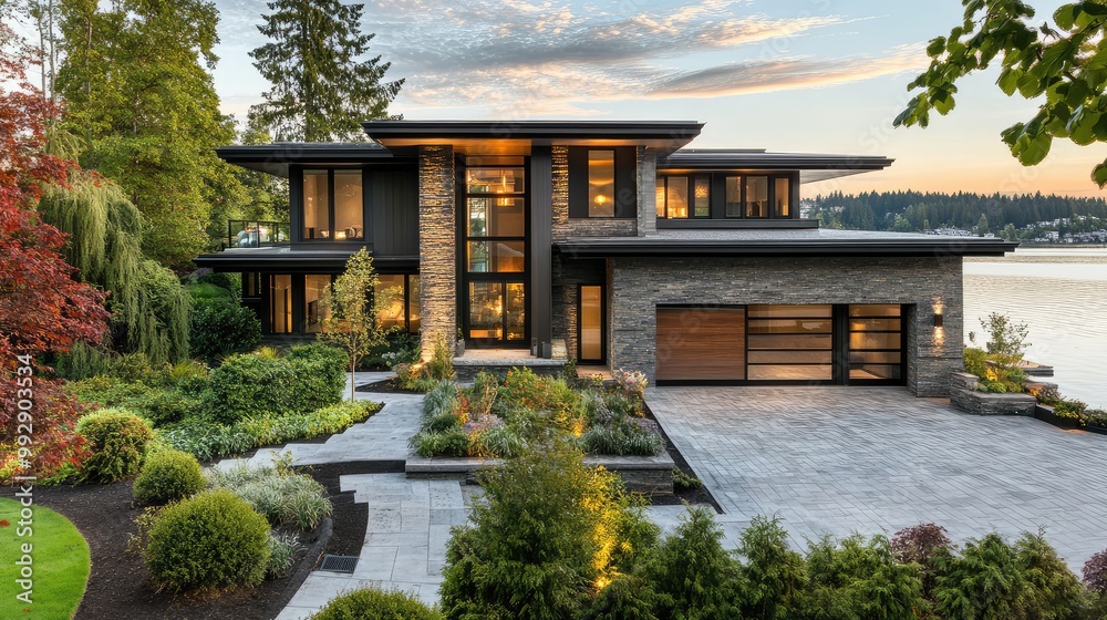 Fototapeta premium Contemporary home in a serene lake setting with modern design elements and stunning water views