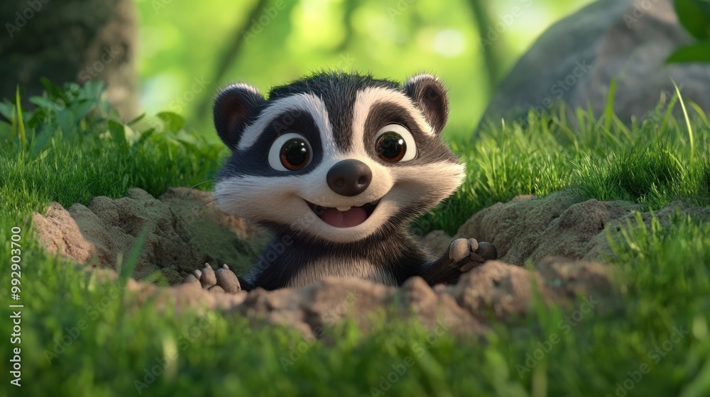 A cheerful animated raccoon peeks out from a burrow surrounded by greenery.