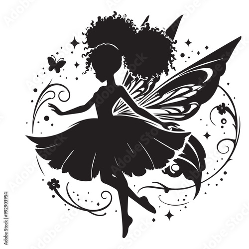 Beautiful Black girl fairy illustration vector silhouette full black color 