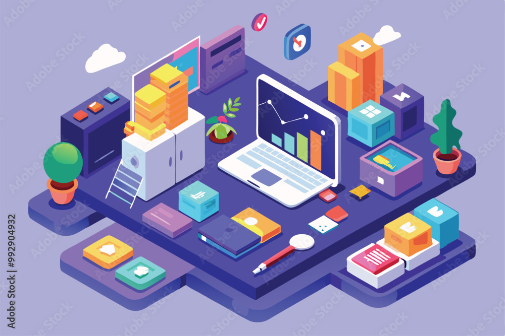 A vibrant digital workspace featuring laptops, documents, and graphical elements for design projects, Customizable Isometric Illustration for Art A vibrant digital workspace featuring laptops, documents, and graphical elements for design projects, Customizable Isometric Illustration for Art