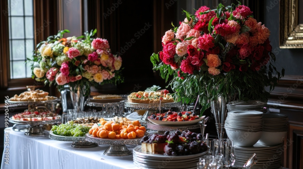 Elegant buffet display featuring floral arrangements and a variety of food items. Elegant buffet display featuring floral arrangements and a variety of food items.