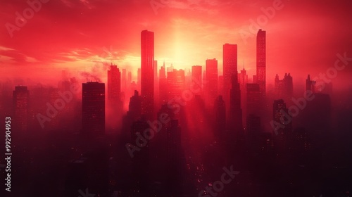 A fiery red sky casts an eerie glow over a cityscape, illuminating the tall buildings.