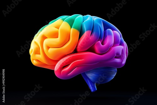 Colorful brain with a blue stripe. The brain is on a black background. The colors are red, blue, yellow, and green. 3d image of rainbow colored brain connectors