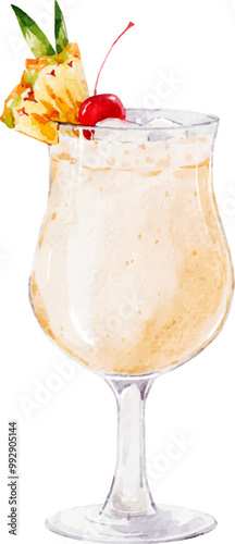 Watercolor vector Pina Colada illustration. Alcohol long drink clipart. Glass of cocktail. Club shake beverage hand drawn illustration. Stock print.