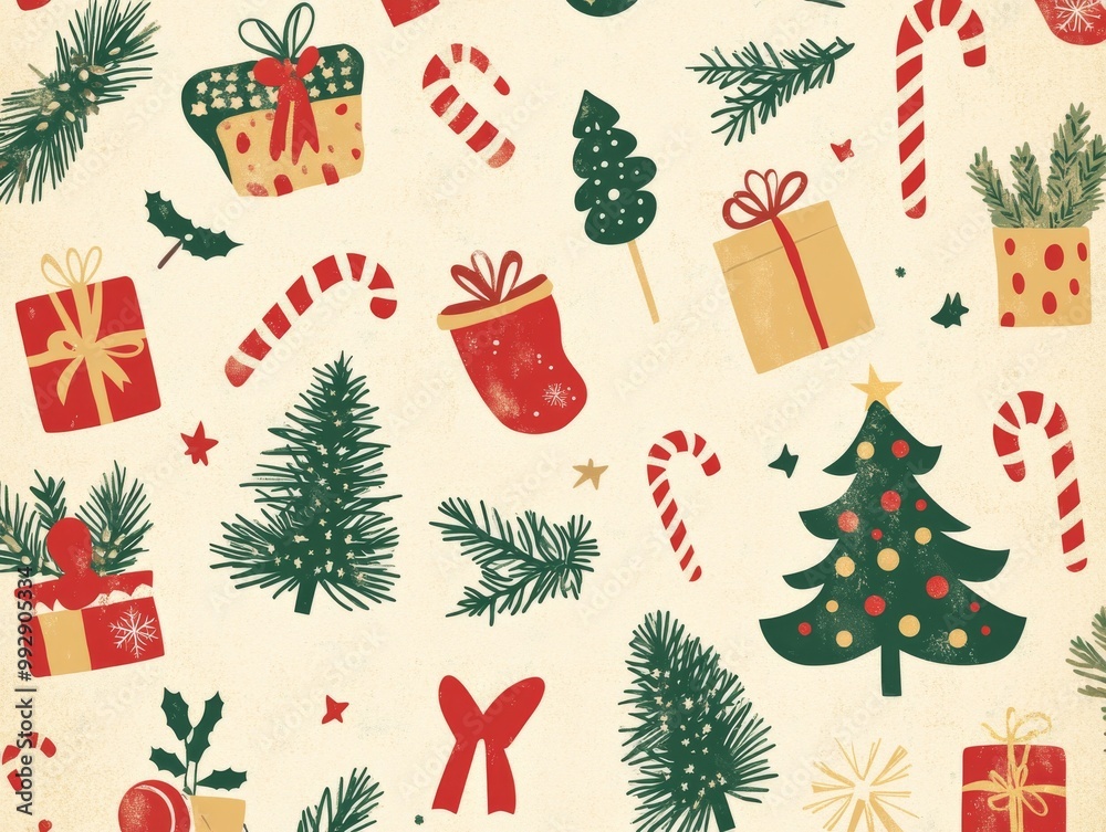 2408 4.A Christmas background vector design on a soft beige backdrop, featuring festive elements such as Christmas trees, presents, stockings, baubles, and candy canes. The arrangement is playful yet 2408 4.A Christmas background vector design on a soft beige backdrop, featuring festive elements such as Christmas trees, presents, stockings, baubles, and candy canes. The arrangement is playful yet
