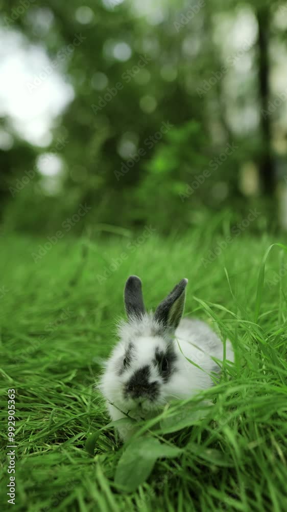 Adorable furry rabbit bunny gray white hungry eating fresh grass while sitting on green meadow. Easter animal bunny Adorable furry rabbit bunny gray white hungry eating fresh grass while sitting on green meadow. Easter animal bunny