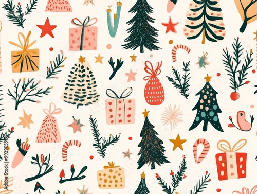 2408 12.A Christmas pattern filled with holiday icons like Christmas trees, presents, garlands, stars, and twigs, all illustrated in a cute Memphis boho style. The hand-drawn elements are arranged in