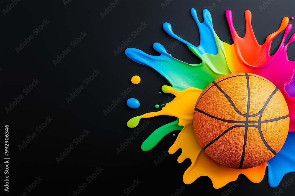 Fototapeta premium Basketball is sitting on a colorful splatter of paint. The paint is in a rainbow pattern. a basketball with colorful paint splashes flying around the basket, on a black background, colorful.