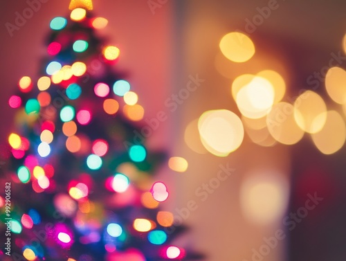 2408 27.A festive bokeh of colorful Christmas tree lights, defocused to create a blurred, glowing effect. The background is a soft blur of colors, enhancing the twinkling lights and giving the image