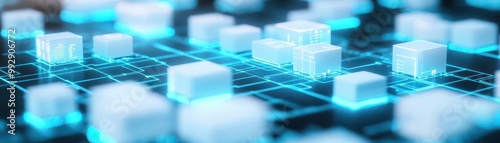 A sprawling city infrastructure system visualized through holographic grids and data nodes