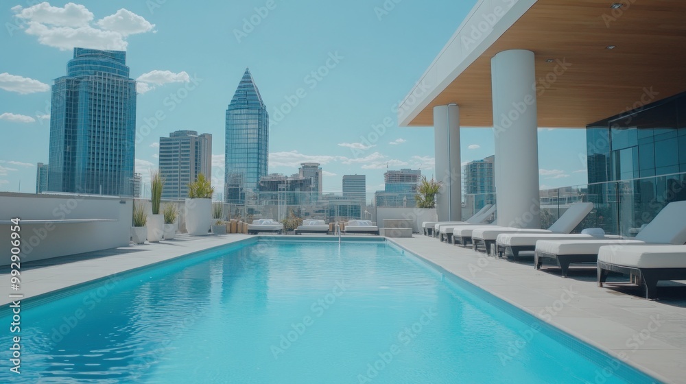 A modern rooftop pool with city skyline views, inviting relaxation and leisure. A modern rooftop pool with city skyline views, inviting relaxation and leisure.