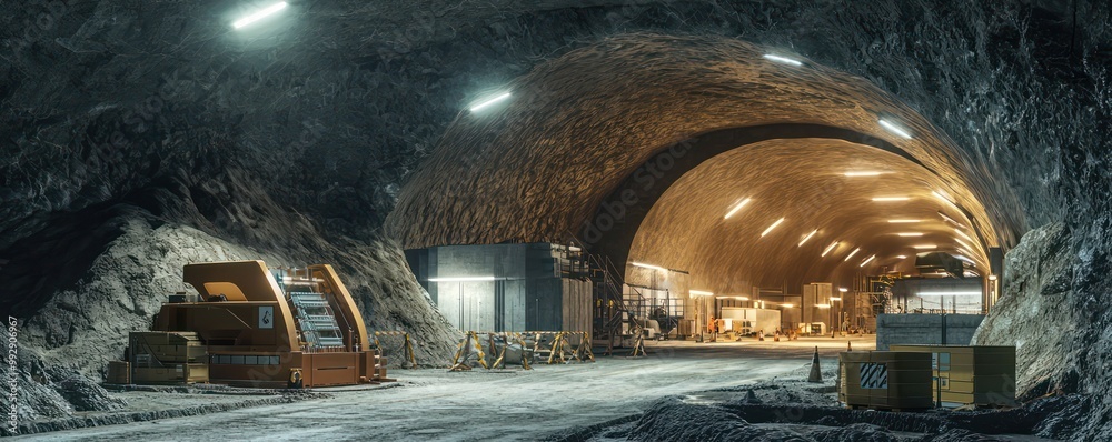 Obraz premium Hyper-realistic depiction of a new underground bunker complex being constructed for emergency management, focusing on security features and sustainability measures