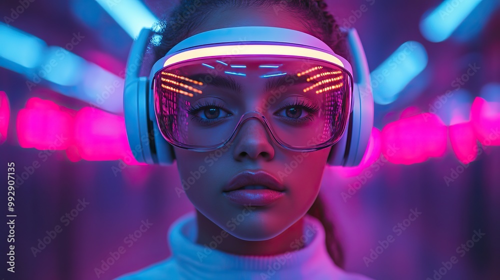A young woman experiences virtual reality with neon lights, highlighting the excitement and futuristic aspects of VR technology. A young woman experiences virtual reality with neon lights, highlighting the excitement and futuristic aspects of VR technology.
