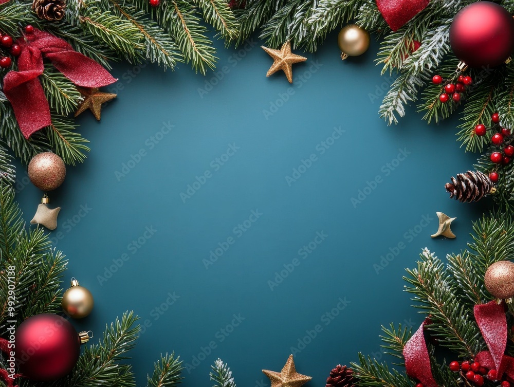 2408 37.A top-down view of a Christmas frame composed of fir tree branches and holiday decorations, set against a blue background. The frame is decorated with festive elements like baubles, ribbons, 2408 37.A top-down view of a Christmas frame composed of fir tree branches and holiday decorations, set against a blue background. The frame is decorated with festive elements like baubles, ribbons,