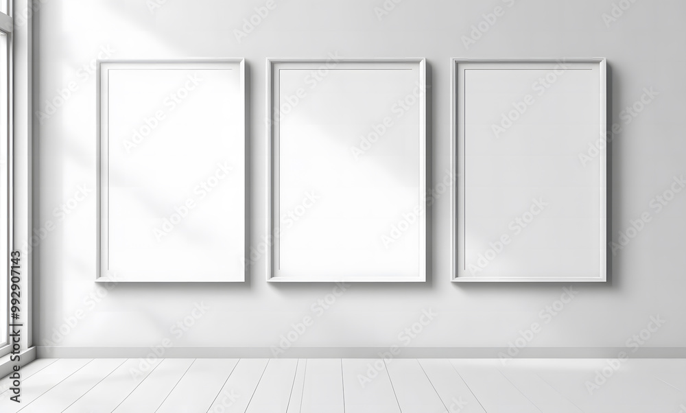 Minimalist White Interior with Triple Framed Art and Indoor Plan design Minimalist White Interior with Triple Framed Art and Indoor Plan design