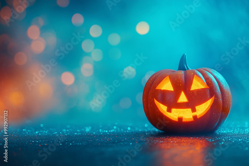 Festive Halloween party background image with copy space and orange jack-o-lantern pumpkin with bright blue color backdrop