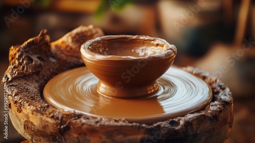 Close-up of a clay pottery wheel with a freshly crafted bowl, showcasing the art of pottery making in a rustic workshop setting. photo