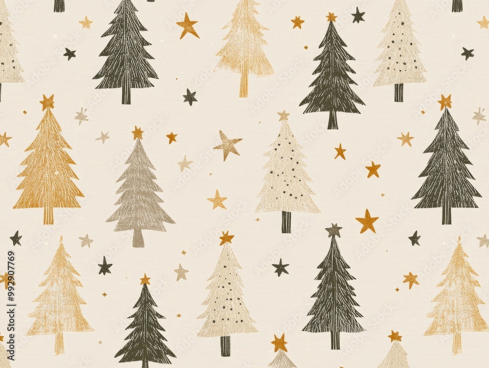 2408 46.A soft beige pastel Christmas tree pattern featuring rows of stylized New Year pines adorned with small stars. The trees are arranged in a repeating pattern across a light background, 2408 46.A soft beige pastel Christmas tree pattern featuring rows of stylized New Year pines adorned with small stars. The trees are arranged in a repeating pattern across a light background,