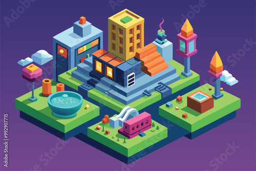 A unique isometric illustration showcases a whimsical urban landscape with a guilty character amidst colorful buildings, Customizable isometric illustration with a guilty theme.