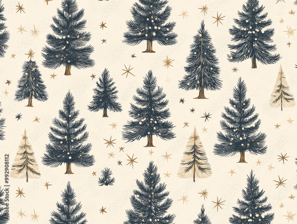 Fototapeta premium 2408 50.A repeating pattern of Christmas trees and stars on a soft beige pastel background. The hand-drawn New Year pines are complemented by small star details, creating a serene and festive holiday
