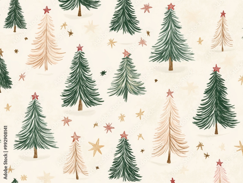 Obraz premium 2408 50.A repeating pattern of Christmas trees and stars on a soft beige pastel background. The hand-drawn New Year pines are complemented by small star details, creating a serene and festive holiday
