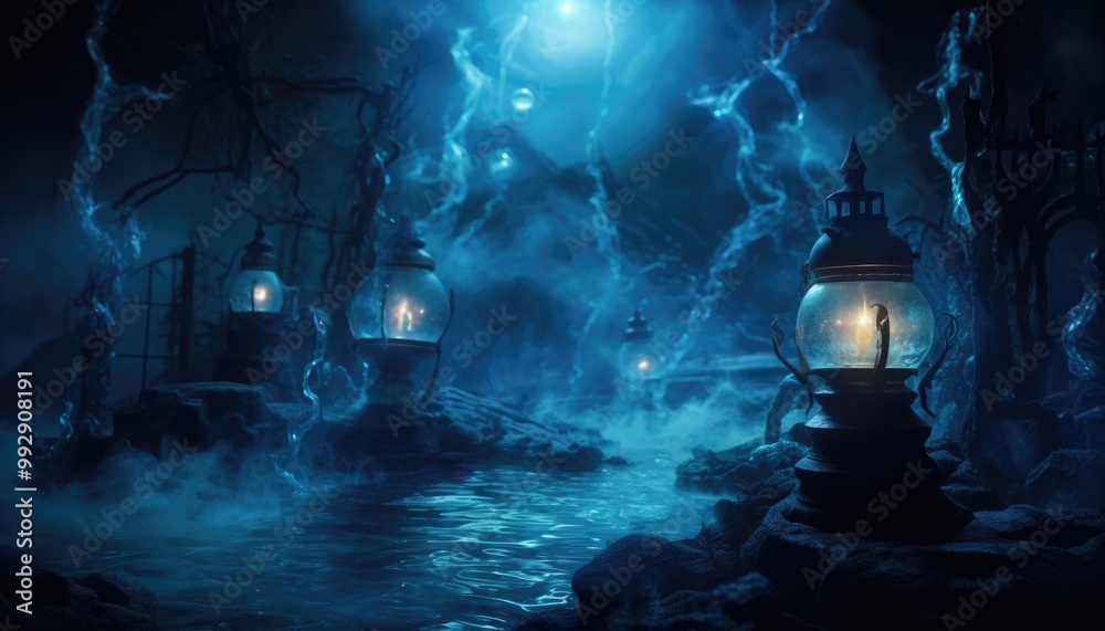 Dark night magic scene with night lanterns. Smoke, magic, magical experience, a fabulous night. Blue neon, moonlight at night Dark night magic scene with night lanterns. Smoke, magic, magical experience, a fabulous night. Blue neon, moonlight at night