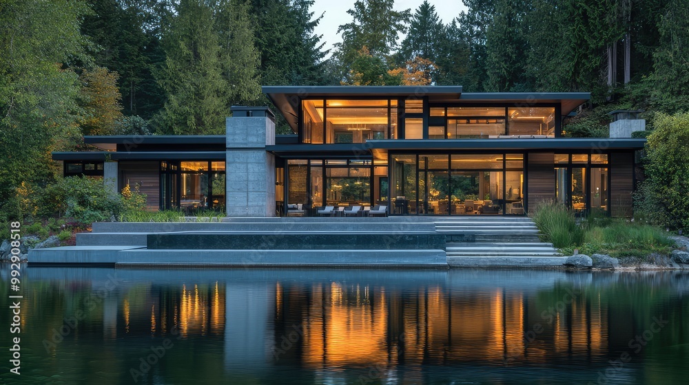 Contemporary retreat in a serene lakeside setting with modern design and natural surroundings Contemporary retreat in a serene lakeside setting with modern design and natural surroundings